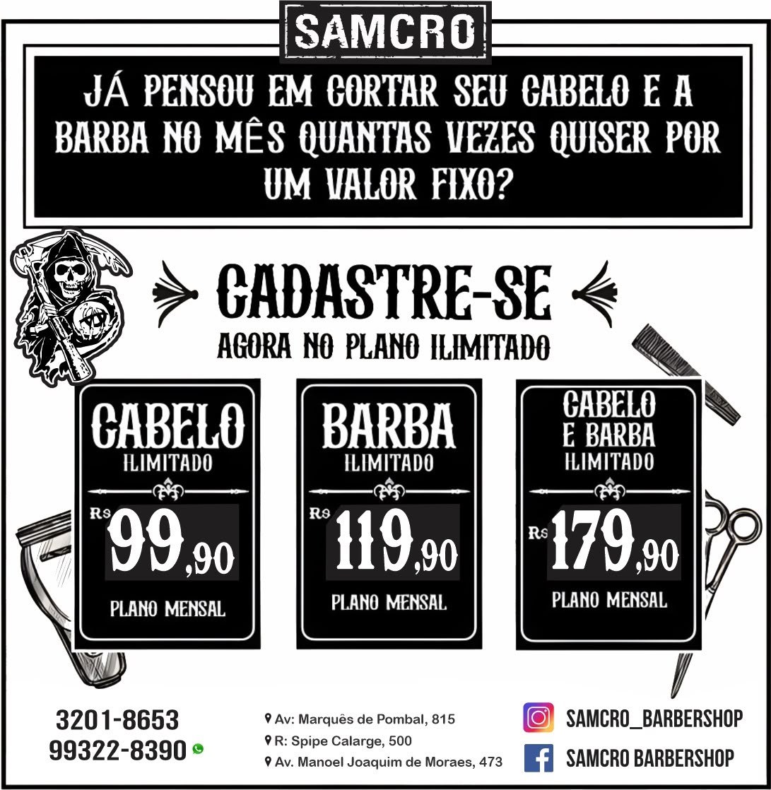 Arte oficial do Plano Ilimitado Samcro com valores dos planos mensais